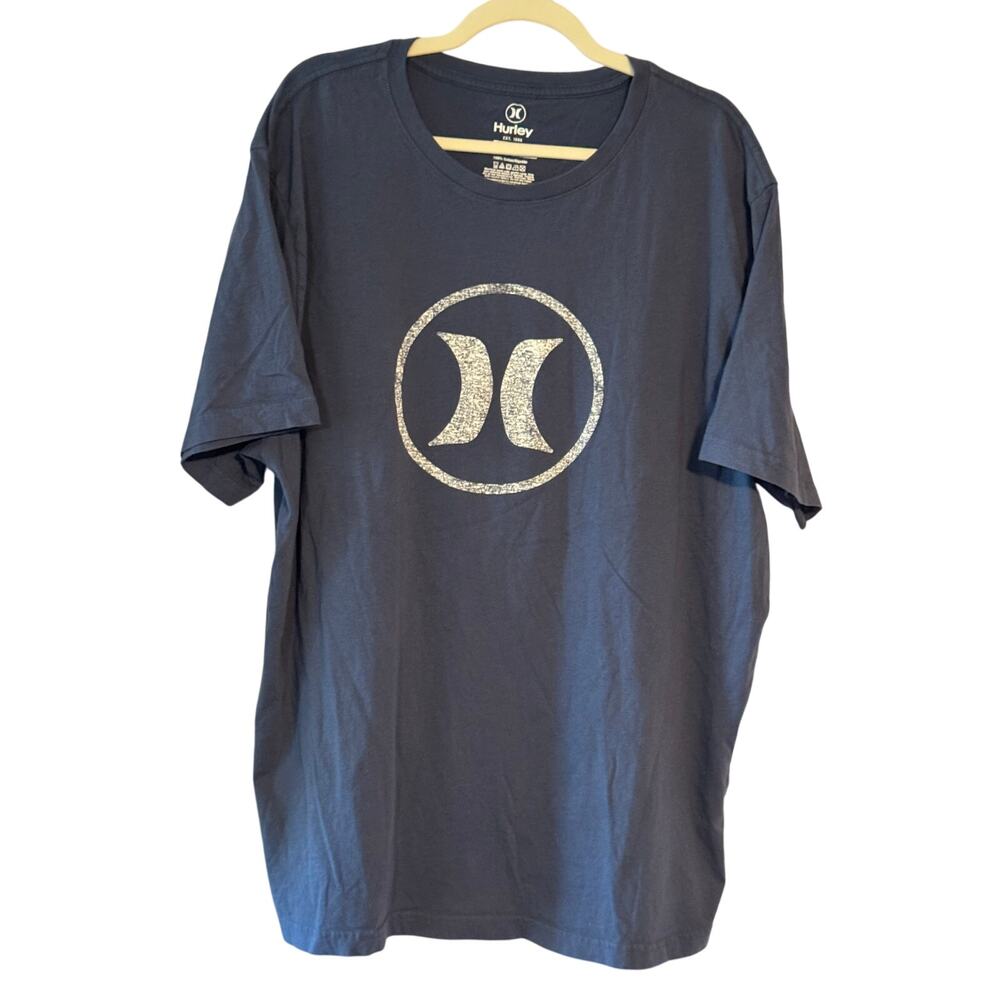 Hurley Mens XXL T-Shirt Blue Gray Distressed Logo Graphic Short Sleeve Cotton